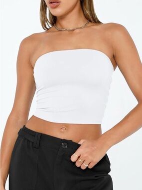 White Strapless Bandeau Tube Top Size S Stretch Crop Basic